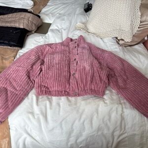 Women's Pink Corded Teddy Jacket - Cropped Snap-Front